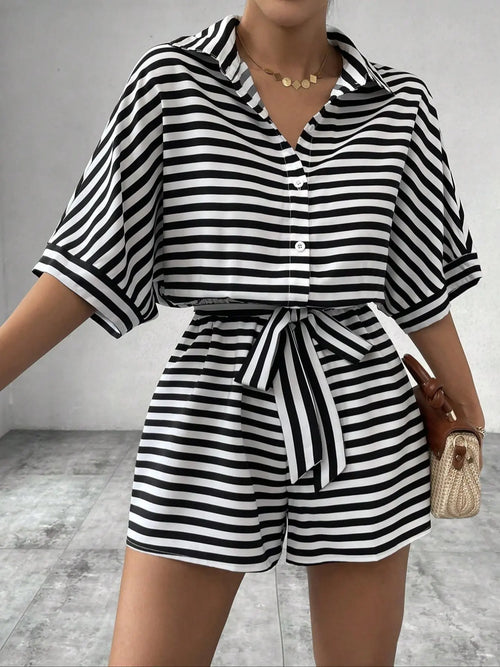 Women'S Striped Print Romper, Casual Belted Loose Fit Romper Outfit for Summer, Fashion Women'S Clothes for Daily Wear, Womenswear