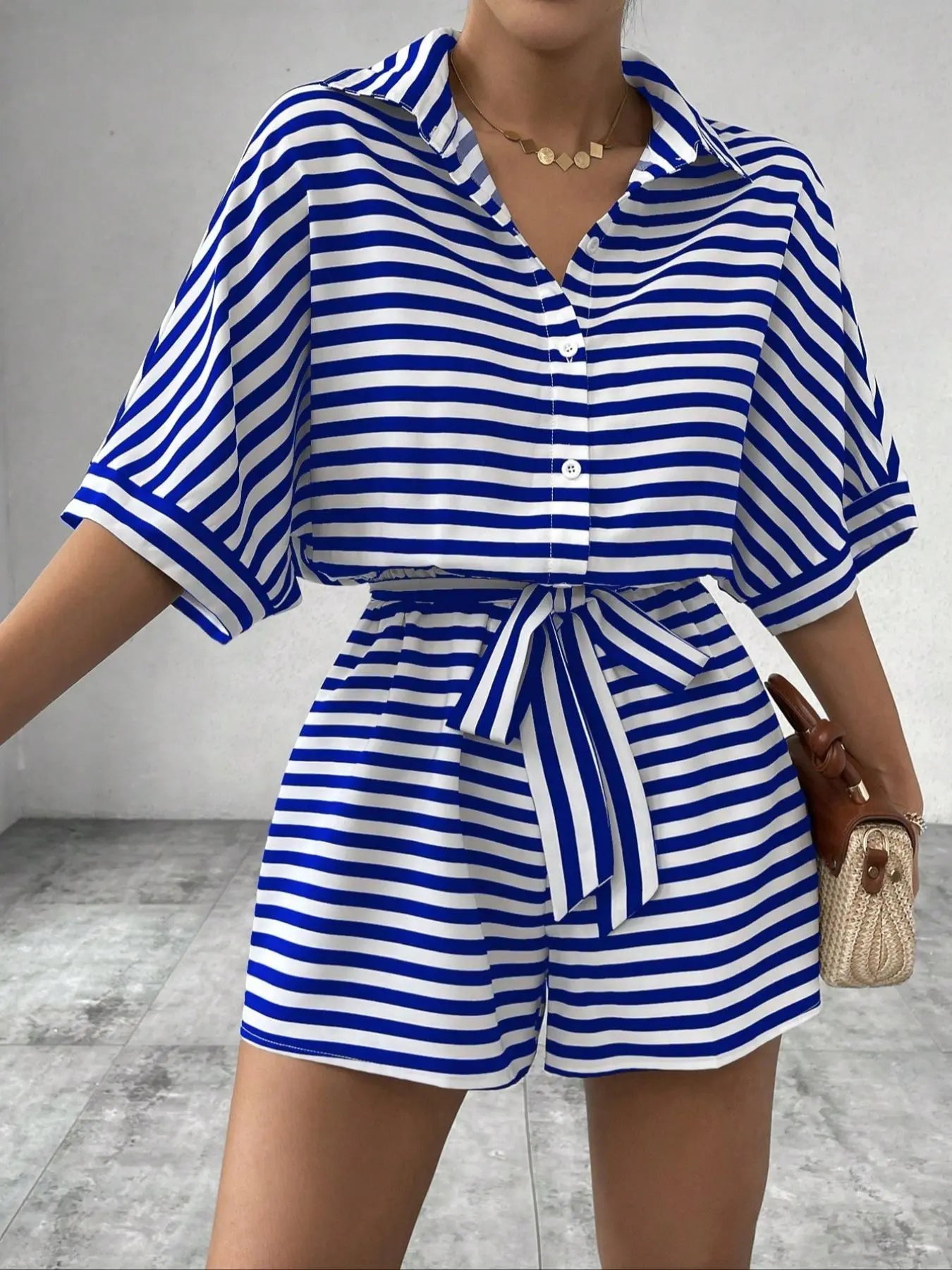 Women'S Striped Print Romper, Casual Belted Loose Fit Romper Outfit for Summer, Fashion Women'S Clothes for Daily Wear, Womenswear