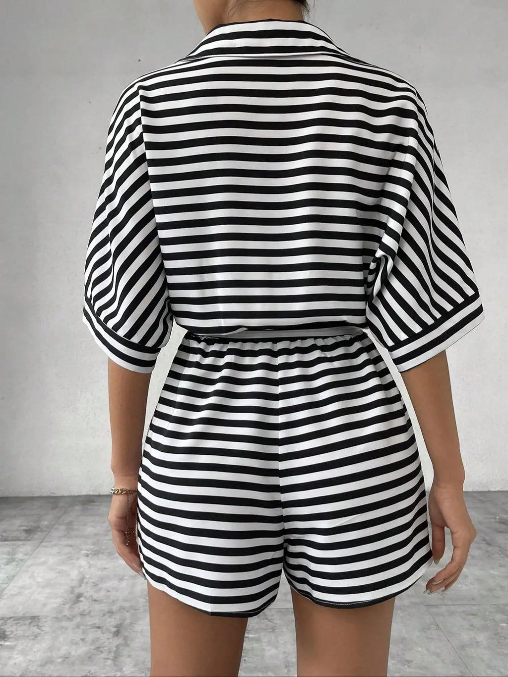 Women'S Striped Print Romper, Casual Belted Loose Fit Romper Outfit for Summer, Fashion Women'S Clothes for Daily Wear, Womenswear