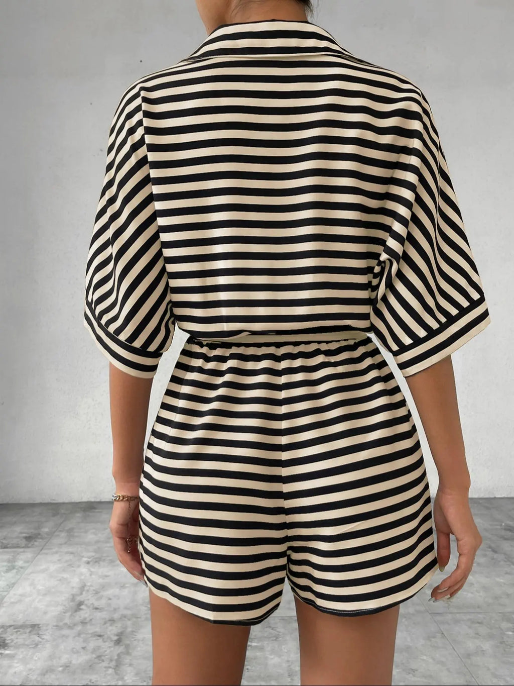 Women'S Striped Print Romper, Casual Belted Loose Fit Romper Outfit for Summer, Fashion Women'S Clothes for Daily Wear, Womenswear