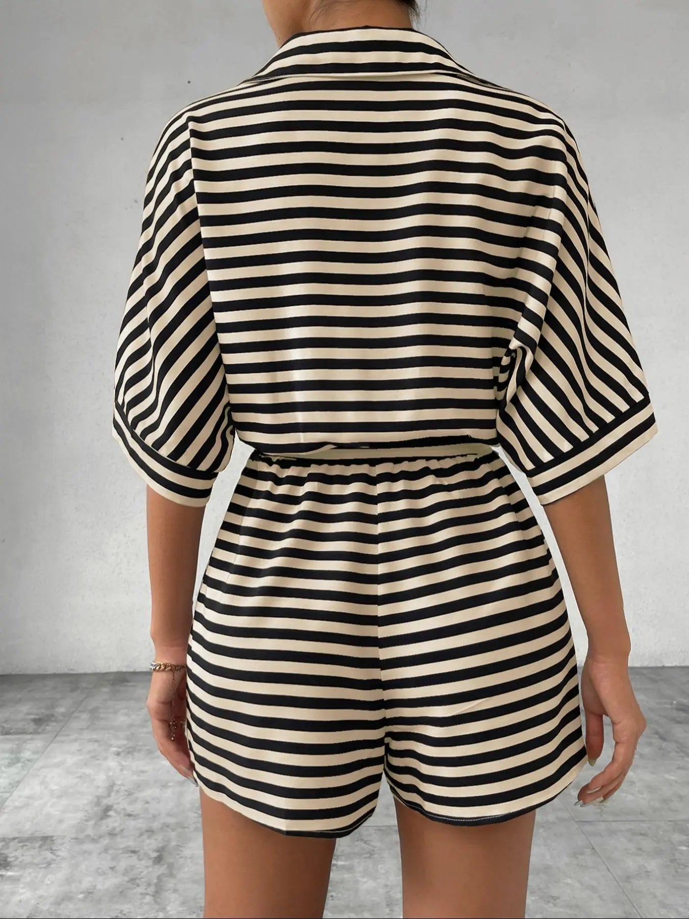 Women'S Striped Print Romper, Casual Belted Loose Fit Romper Outfit for Summer, Fashion Women'S Clothes for Daily Wear, Womenswear