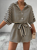 Women'S Striped Print Romper, Casual Belted Loose Fit Romper Outfit for Summer, Fashion Women'S Clothes for Daily Wear, Womenswear