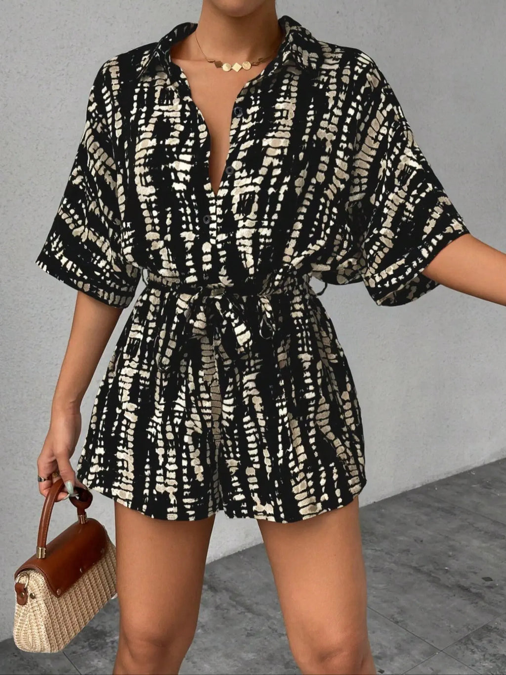 Women'S Striped Print Romper, Casual Belted Loose Fit Romper Outfit for Summer, Fashion Women'S Clothes for Daily Wear, Womenswear